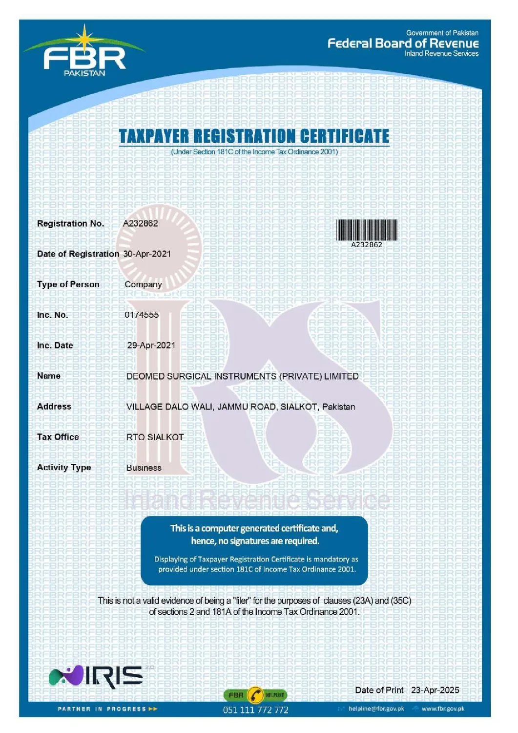 Taxpayer Registration Certificate