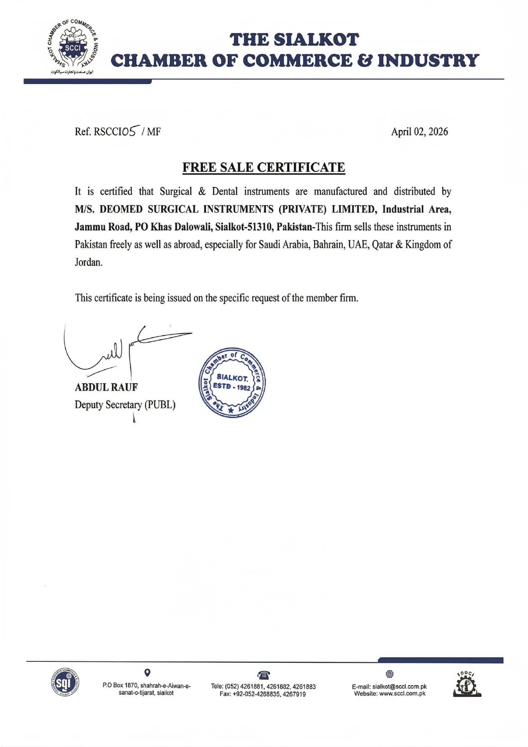 Free Sale Certificate