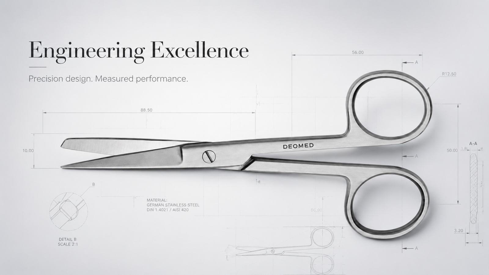 Surgical instrument engineering drawing and finished scissors
