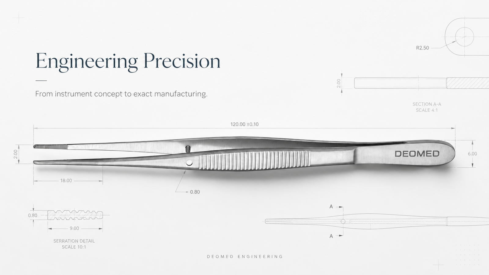 Surgical forceps with engineering drawing and dimensions